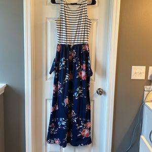 MEROKEETY Women's Striped Floral Print Maxi Dress with Pockets - Medium